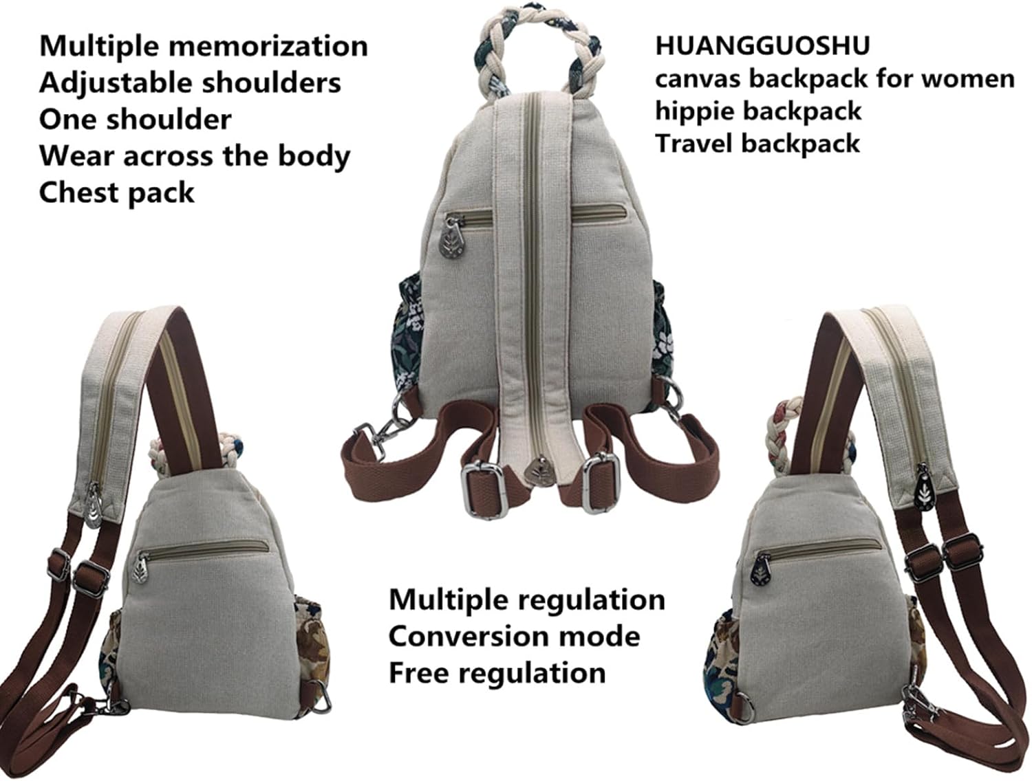 HUANGGUOSHU Women Cotton Woven Bohemian Hemp Boho Canvas Embroidery Multi Pocket Retro Cute Backpack Wallet Backpack（Lotus） - Image 3