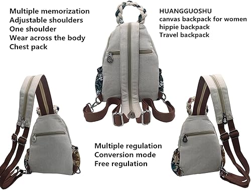 Vista 29 de HUANGGUOSHU Mujer de algodón tejido bohemio cáñamo Boho lona bordado múltiples bolsillos retro linda mochila cartera mochila mochila gato caprichoso