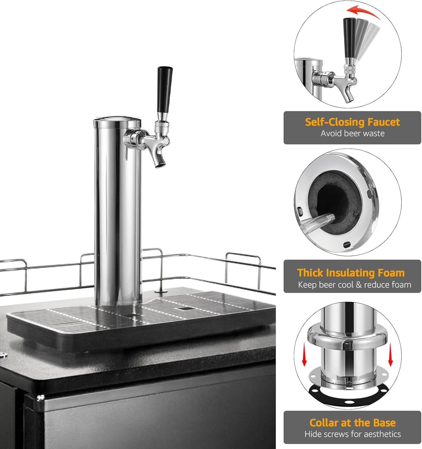 All Stainless Steel Single Beer Tap Tower Draft Beer Tower Kegerator Tower Keg Tower Kegerator Parts Kegerator Kit Beer Tap Faucet Pre-assembled Beer Line 3" Beer Tower Dispenser