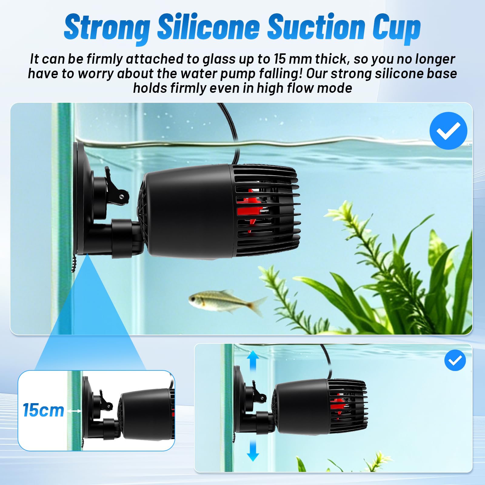 Aquarium Strömungspumpe Leise, 20000L/h Doppelkopf-Wavemaker mit 360° Verstellbaren Auslässen, 25W Strömungspumpe Teich für Süß- und Salzwasseraquarien von 280-560L