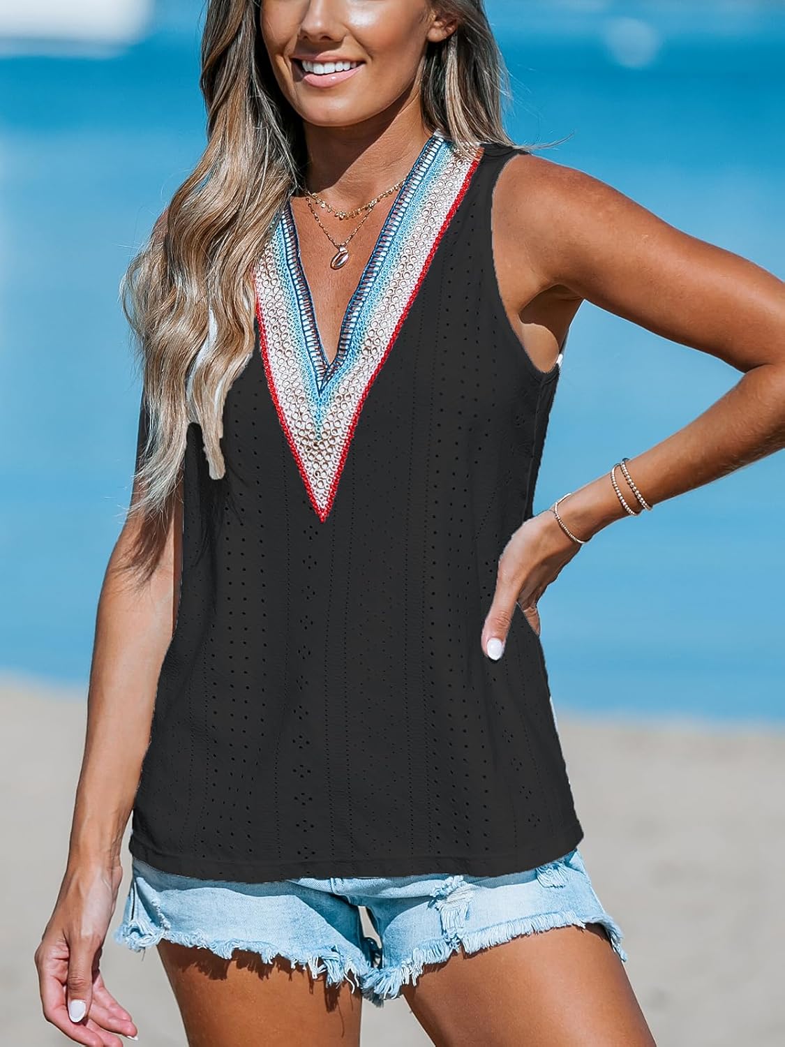 CUPSHE Women Eyelet Tops V Neck Embroidered Jersey Tank Lace Cutout Blouses Tee Sleeveless Shirt Casual - Image 6