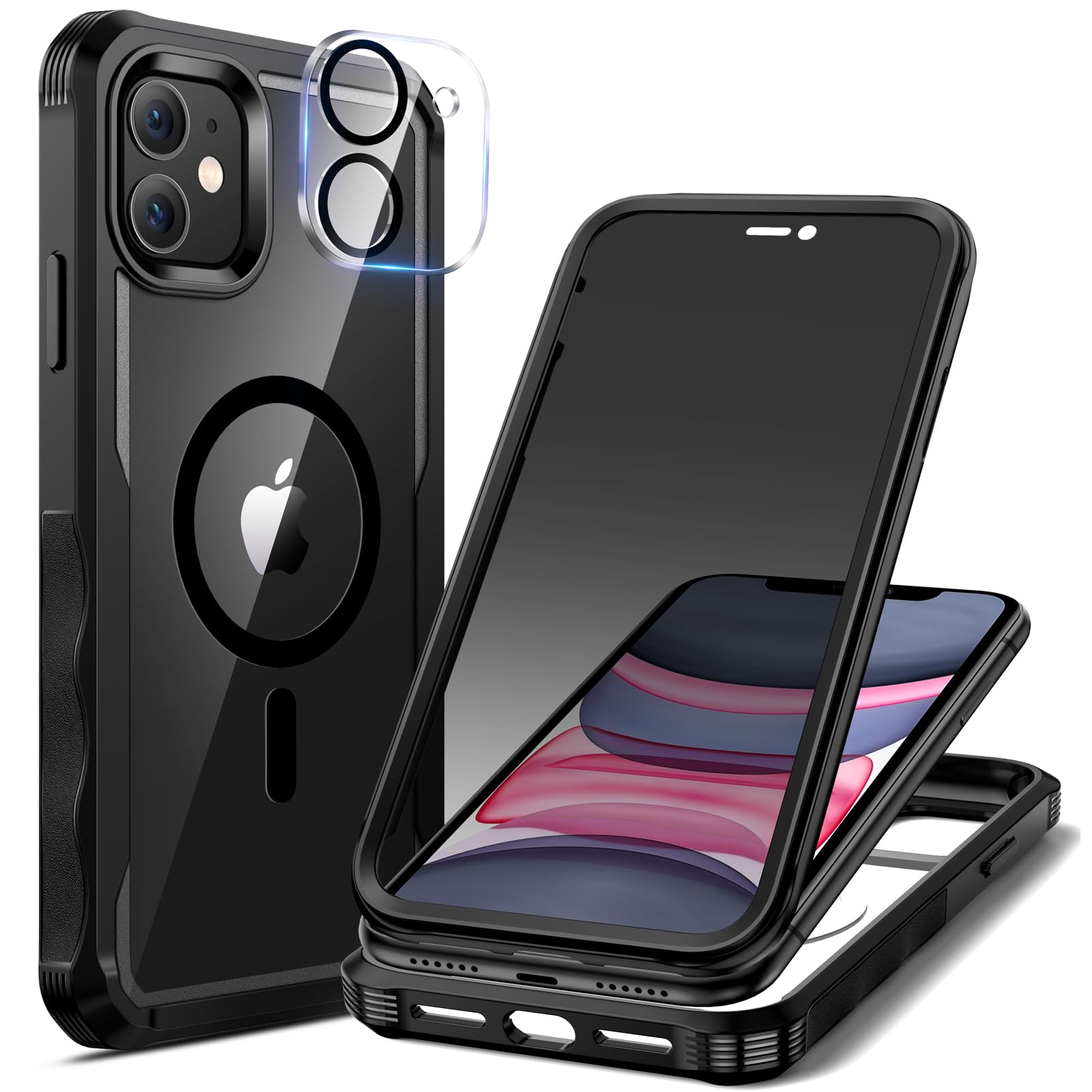 seacosmo for iPhone 11 Case, Full Body Bumper with Built-in 9H Tempered Glass Privacy Screen Protector and Camera Lens Protector, Compatible with MagSafe, Shockproof 11 Phone Case, 6.1", Black