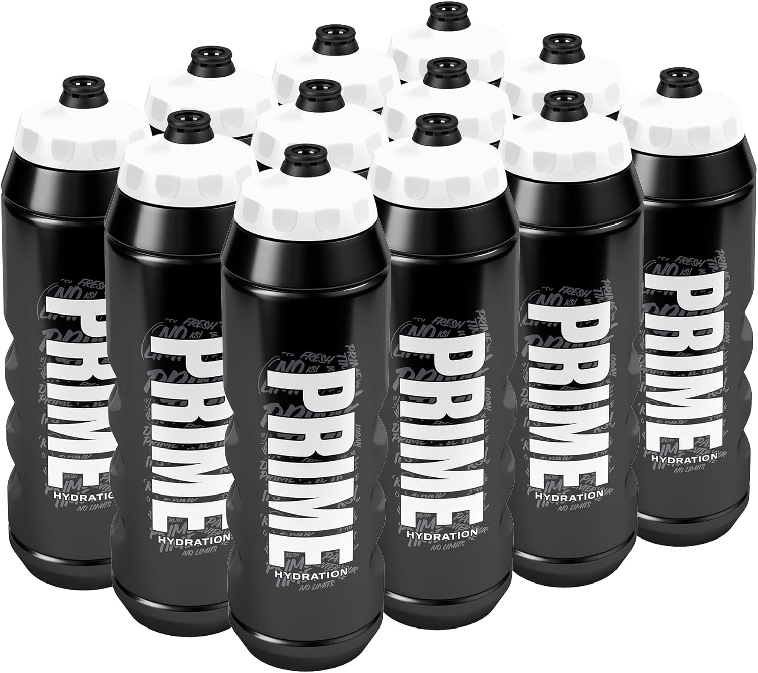 PRIME 32 oz Black Graffiti Squeeze Sports Water Bottles, BPA Free, Dishwasher Safe, Easy-Grip Ergonomic Leakproof Design, Fast Hydration for Gym, Cycling, Running, 12 Pack