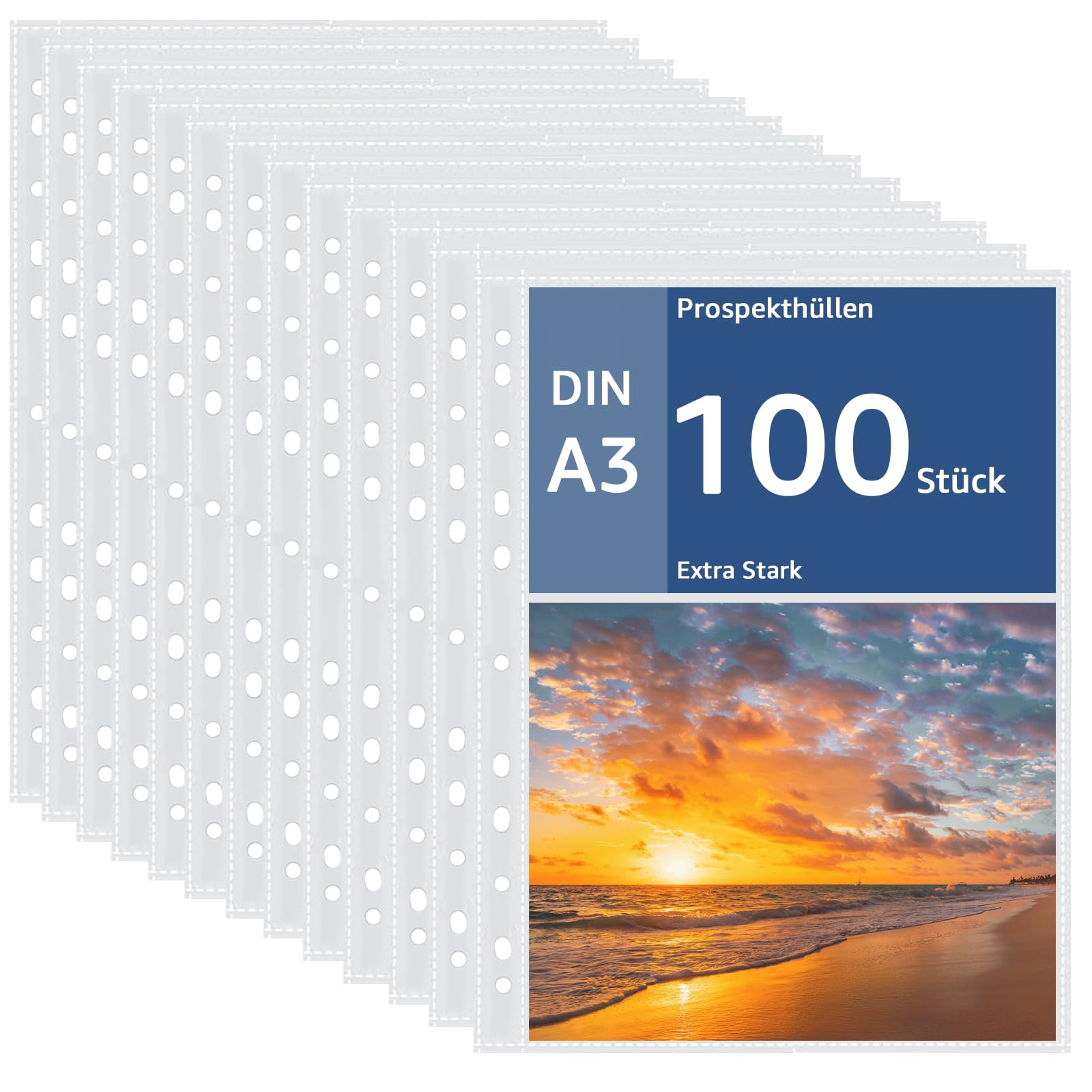 APACALI 100 Fundas A3 de 0,05 mm Con Perforación Extra Fuertes, Apertura Superior en Plástico Transparente para Carpetas