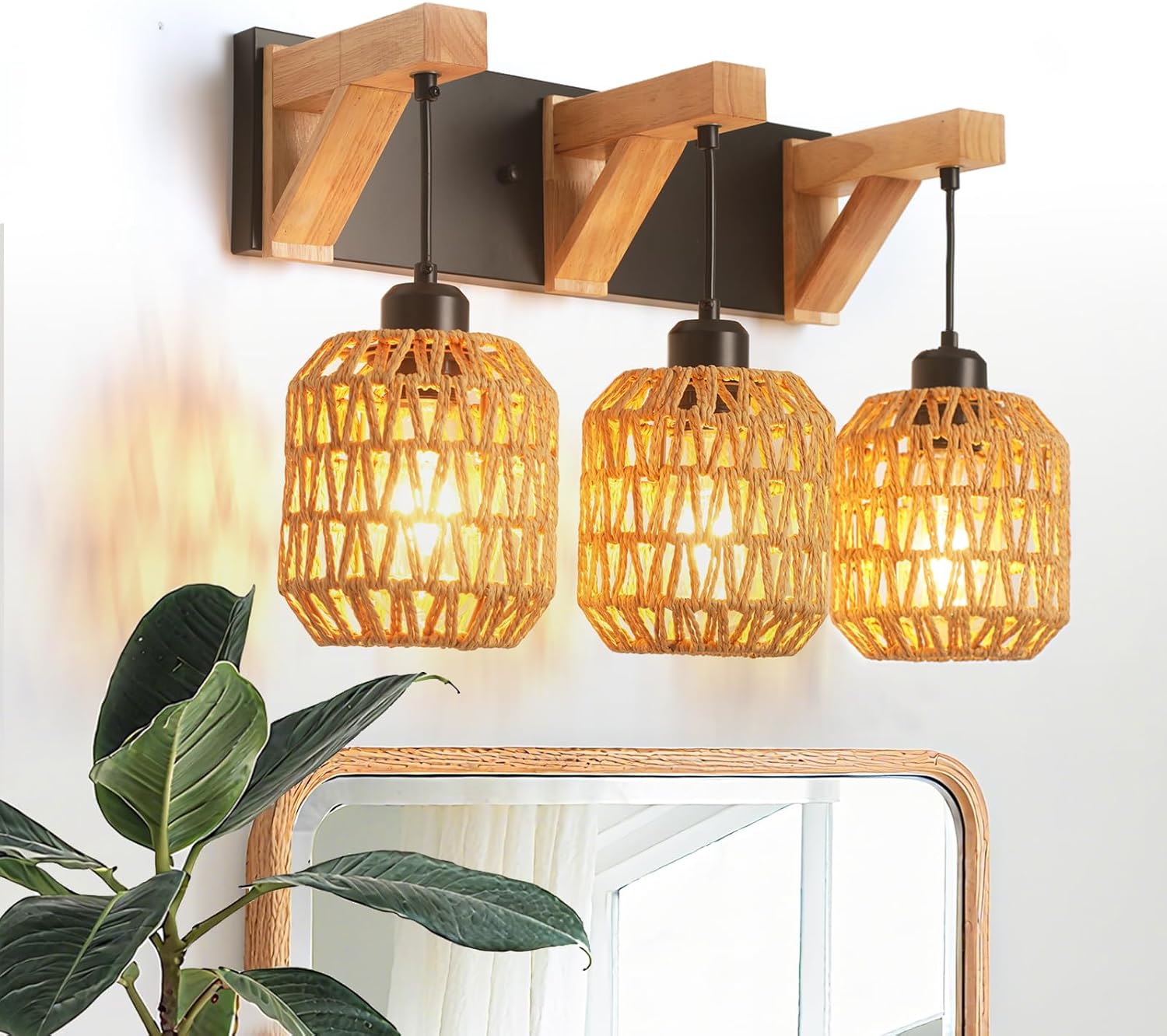 3-Light Rustic Bathroom Vanity Light, Handwoven Rattan & Bamboo Wall Sconce, Farmhouse Wooden Bracket, Boho Wicker Lampshade - for Bathroom, Bedroom, Hallway, Stairway (Natural Finish)