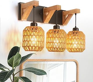 3-Light Rustic Bathroom Vanity Light, Handwoven Rattan & Bamboo Wall Sco...