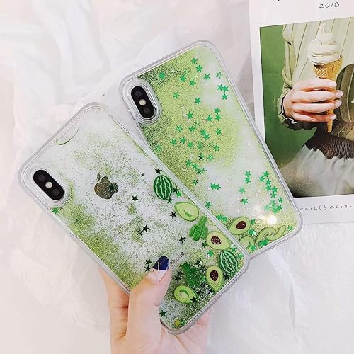 Miniatura 6 de LUVI Funda líquida para iPhone XR, diseño divertido de arenas movedizas de color verde brillante que fluye con purpurina en movimiento con