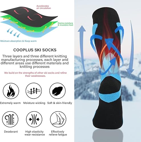 Miniatura 3 de COOPLUS 2 pares de calcetines de esquí para hombres y mujeres, calcetines de compresión hasta la rodilla para esquí, snowboard, senderismo, deportes