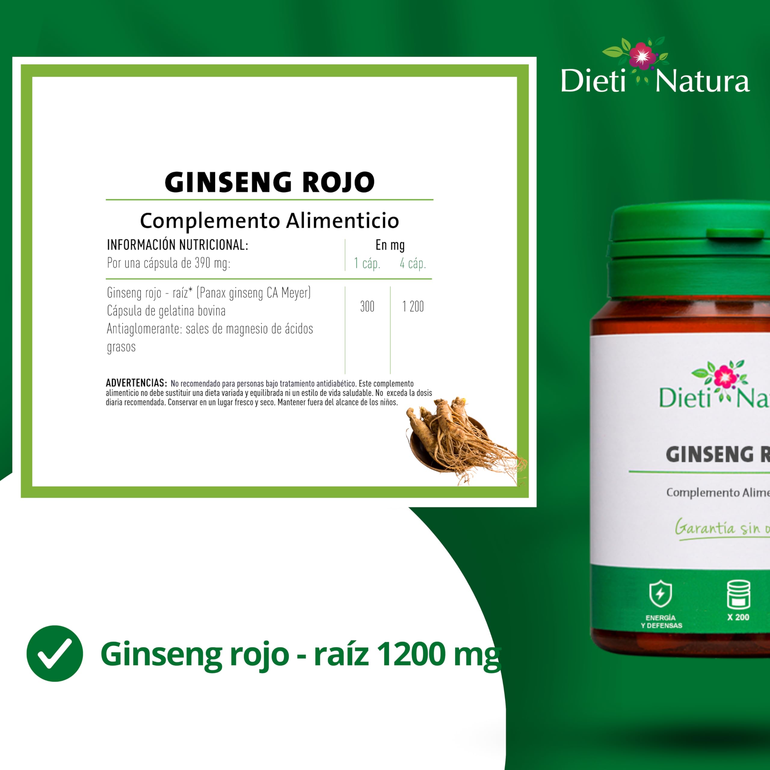 Dieti Natura Ginseng Rojo 200 Cápsulas - Ginseng Rico en Ginsenósidos para el Rendimiento Físico y Mental - Ideal Contra la Fatiga - Ginseng Rojo para Vitalidad y Energía - Garantía sin OGM