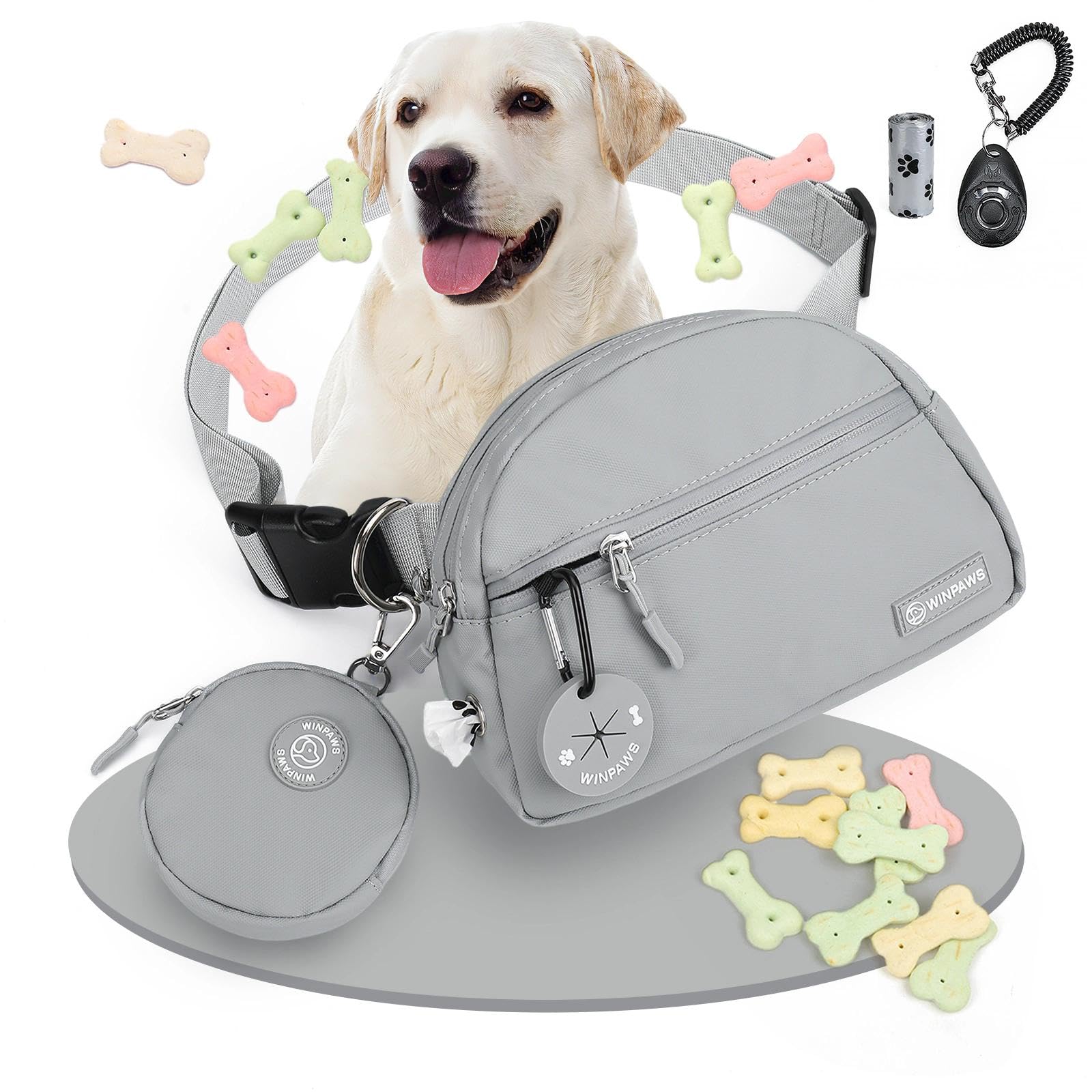 Pochette à friandises pour chien avec distributeur de sacs à déjections canines intégré et support de sac à déjections | Fournitures essentielles élégantes pour le dressage des chiots |
