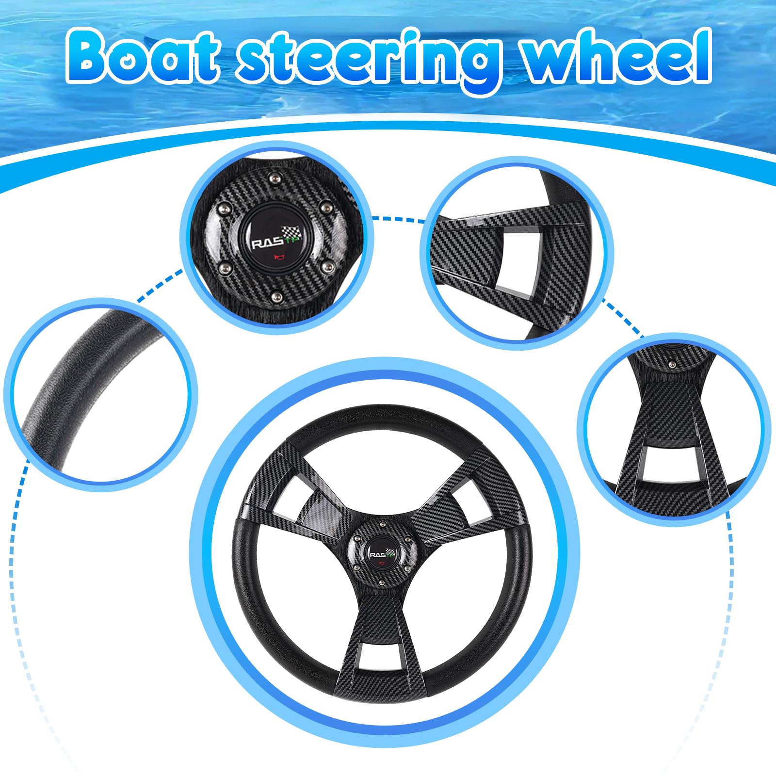 RASTP Volante de barco con adaptador de volante marino de eje de 3/4 pulgadas para la mayoría de barcos, embarcaciones, yates, pontones (estilo F-Print)