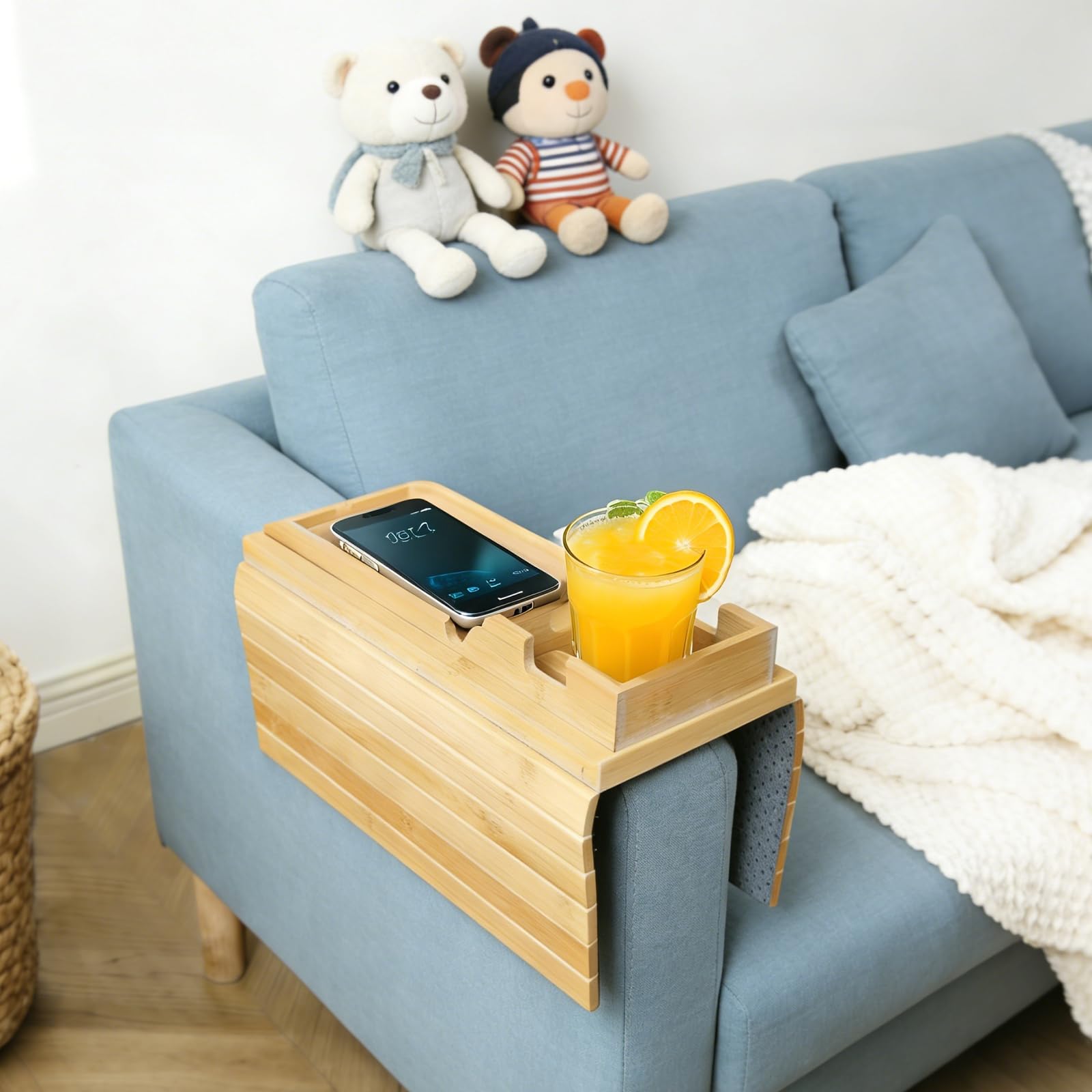 Vassoio in Legno per Bracciolo con Vassoio Magnetico Rimovibile, Portabicchieri e Slot per Telefono – Organizer Multifunzionale per Divano, Soggiorno e Ufficio