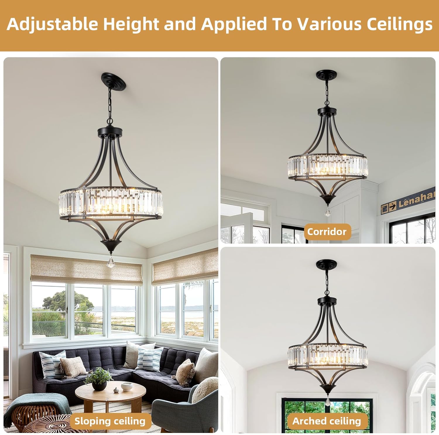 Crystal Black Chandelier Rustic Pendant Light Modern Farmhouse Chandeliers Antique Hanging Light Fixture for Living Room Bedroom Foyer Kitchen Island Entryway 20" W