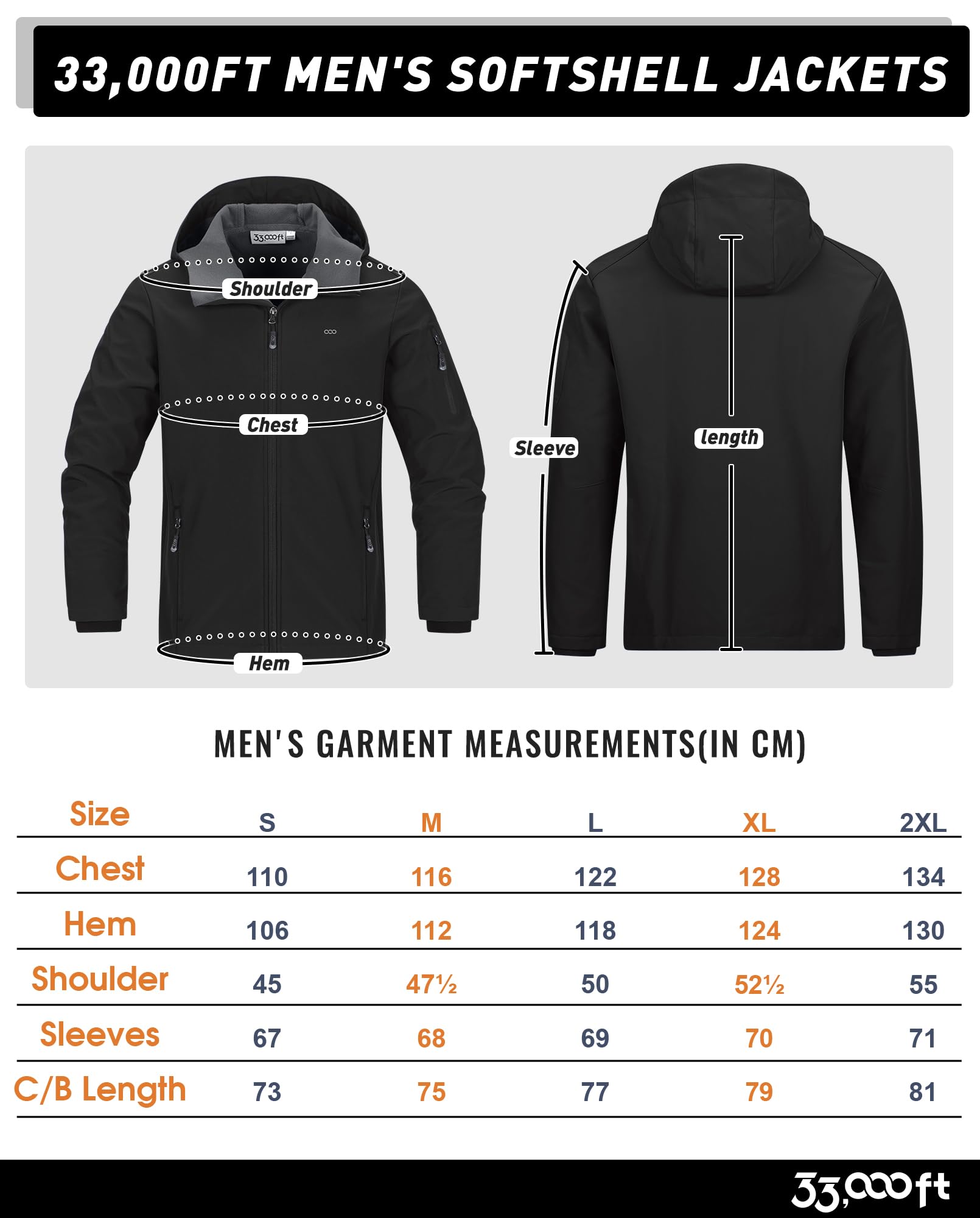 33,000ft Veste softshell imperméable et respirante pour homme - Veste demi-saison coupe-vent - Veste de randonnée avec capuche