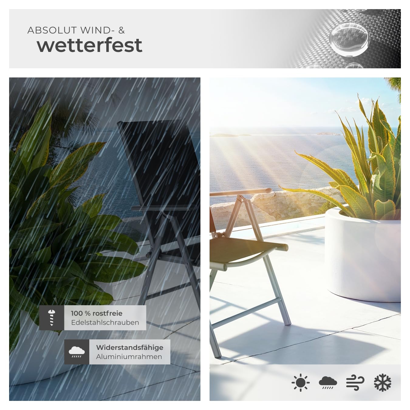 tectake® Sitzgarnitur Aluminium Klappstühle, Lounge Set mit 6X Stühle und 1x Glastisch Esstisch, Gartenmöbel Set wetterfest für den Balkon, Gartenstühle, Terrassenmöbel, Liegestuhl - anthrazit