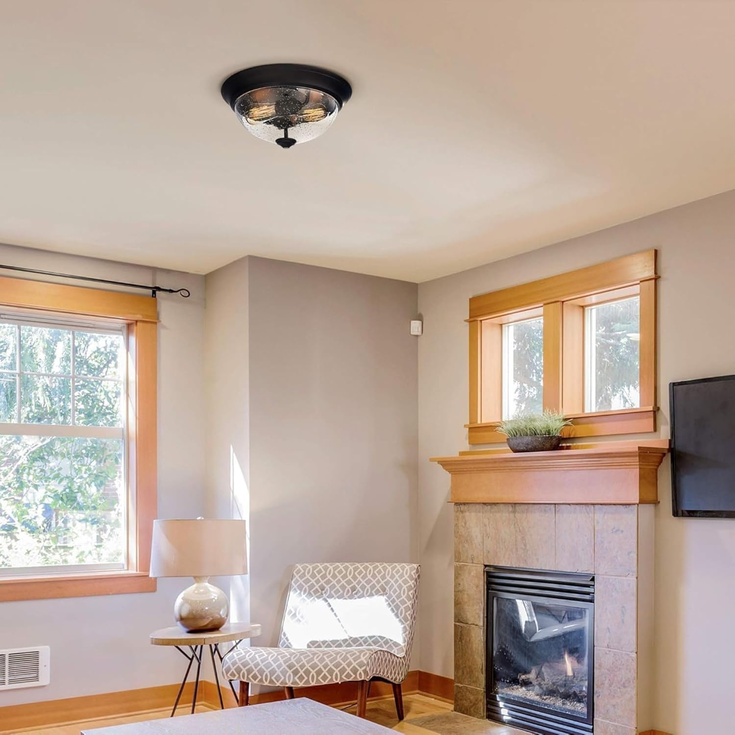 Prominence Home 13 Inch Elegant Flush Mount Ceiling Light, Seeded Glass Lighting Fixture, Bedroom or Living Room, Madalyn, 51381-31, Oil Rubbed Bronze