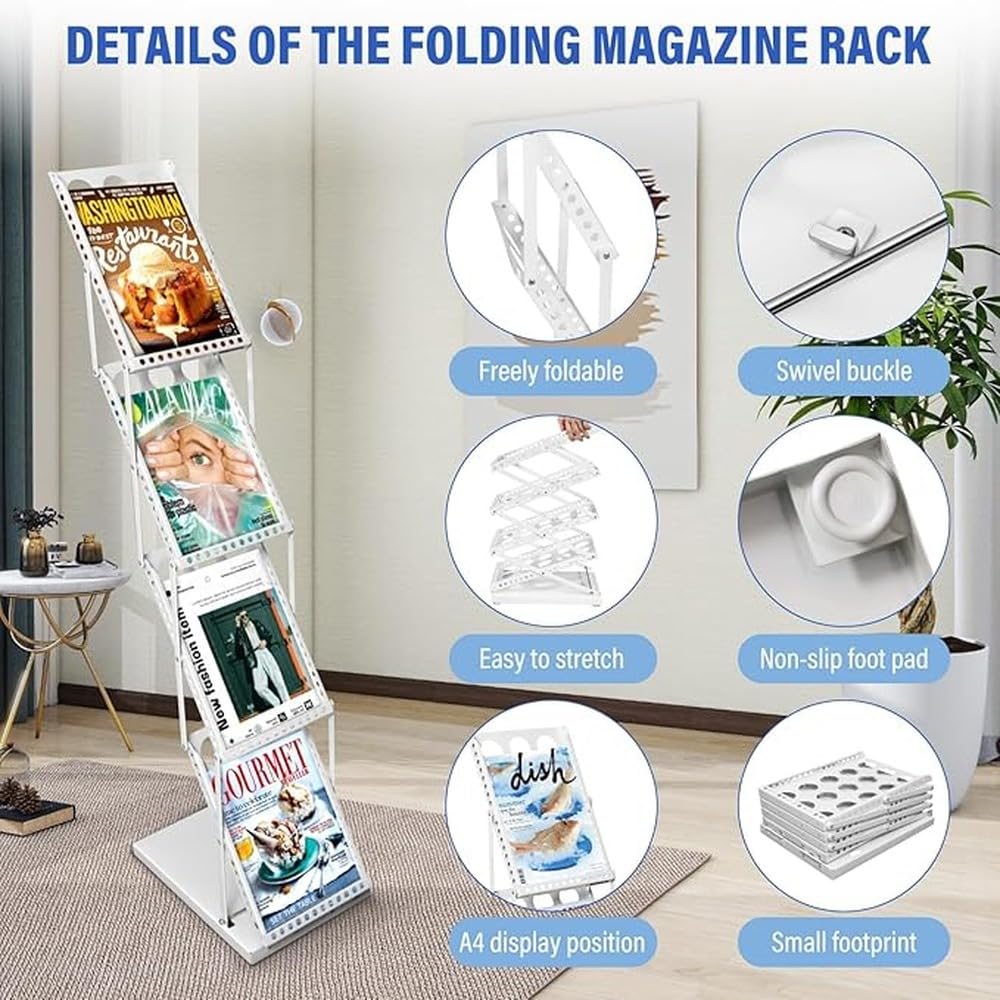 Porte-revues pliable en fer, porte-journaux à plusieurs,blanc