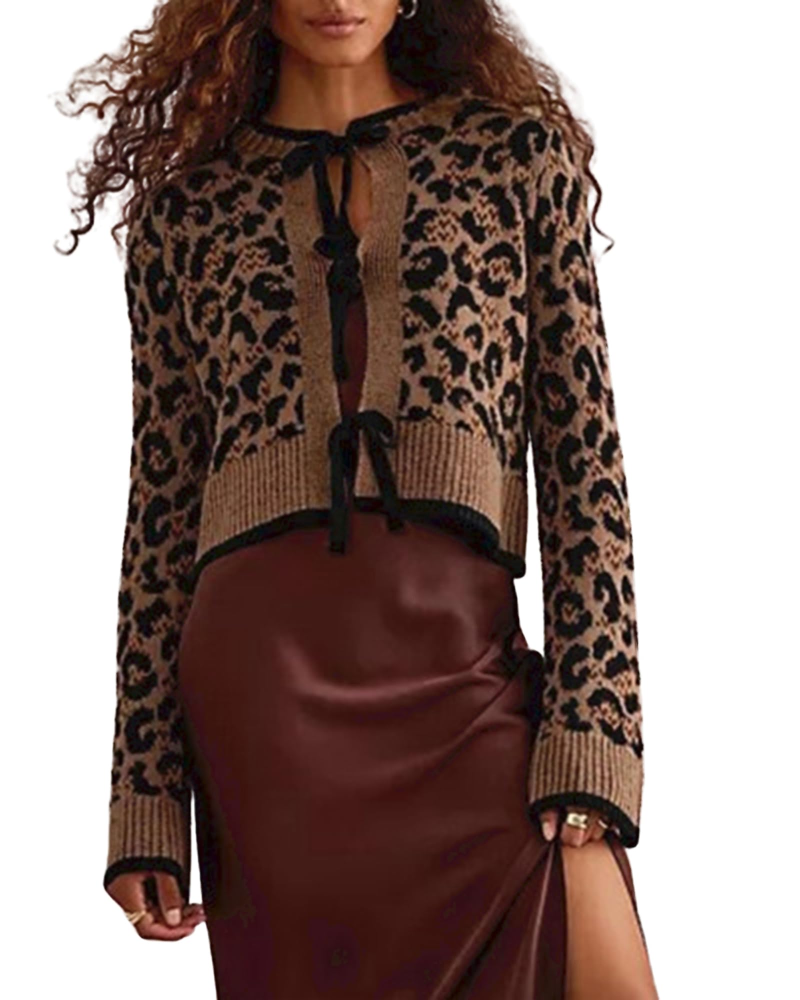 Women's Leopard Print Knit Cardigan Ribbed Long Sleeve Tie Front