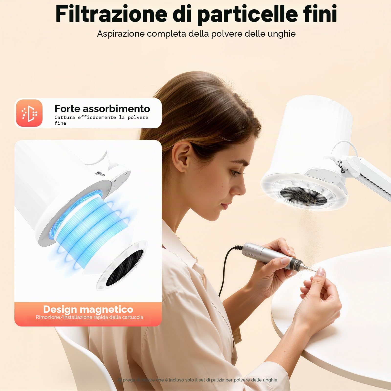 Aspirazione della polvere per unghie 55 W professionale raccoglitore per unghie con luce a LED con regolazione di ventilazione a 10 livelli, angolo regolabile per montaggio da tavolo