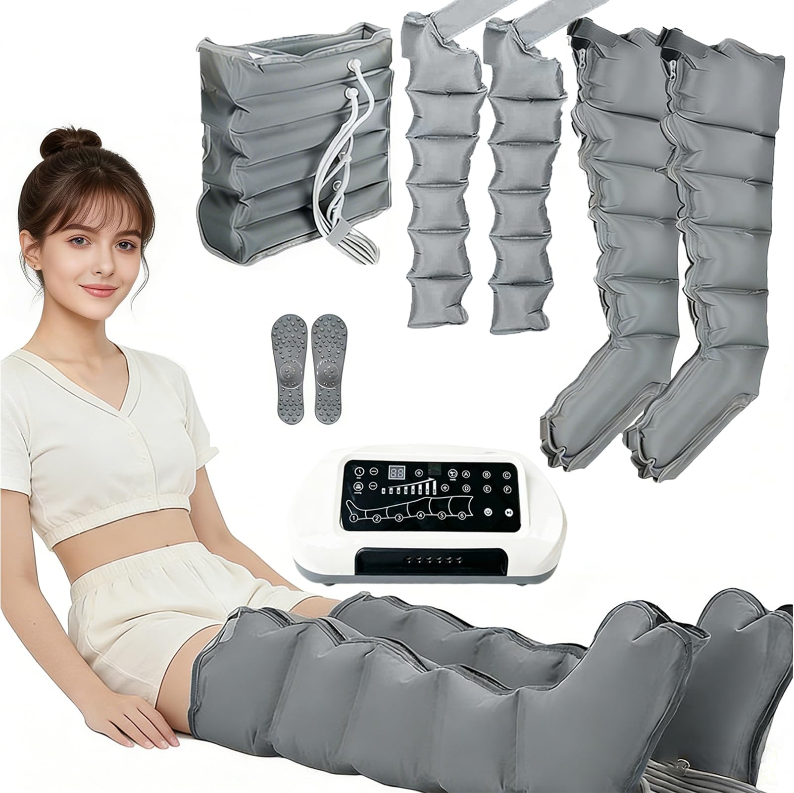 Lymphdrainage Gerät,Leg Massager Beinmassagegerät, 6 Luftkammern, 8 Druckstufen, kabellose Fernbedienung, leiser Kompressionsmassager, für Beine Bauch Arme, 1-60mins Timer
