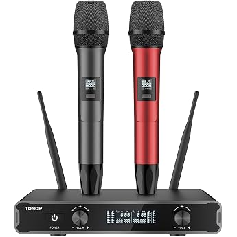 TONOR TW450 Dual Microphone Wireless System, Wireless Karaoke Microphone Set, Wireless Microphone 60 m Range with Receiver fo