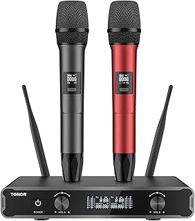 TONOR Dual Mikrofon Kabellos System, Funkmikrofon drahtloses Karaoke Mikro Set Wireless Microphone 60 m Reichweite mit Empfänger für Hochzeit Party Kirche Vortrag Bühne Reden Konferenz TW450 Grau-Red