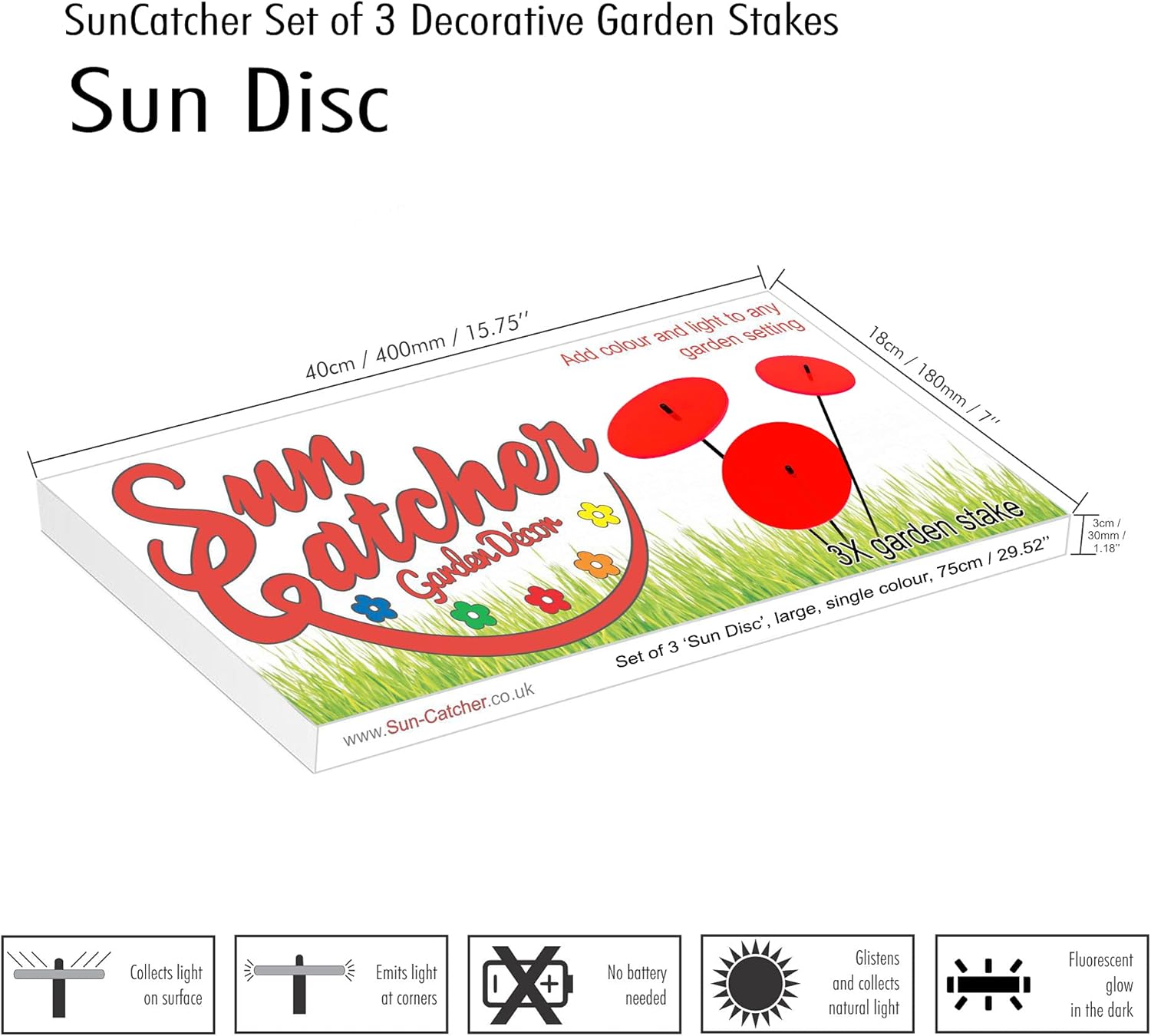 Glowing Sun Discs Set of 3 Sun Catcher Garden Decor Large Garden Stake 75cm, 29.5 inches high Indoor Outdoor Yard Accessory Gardeners Gift, Colour:Fluorescent Red