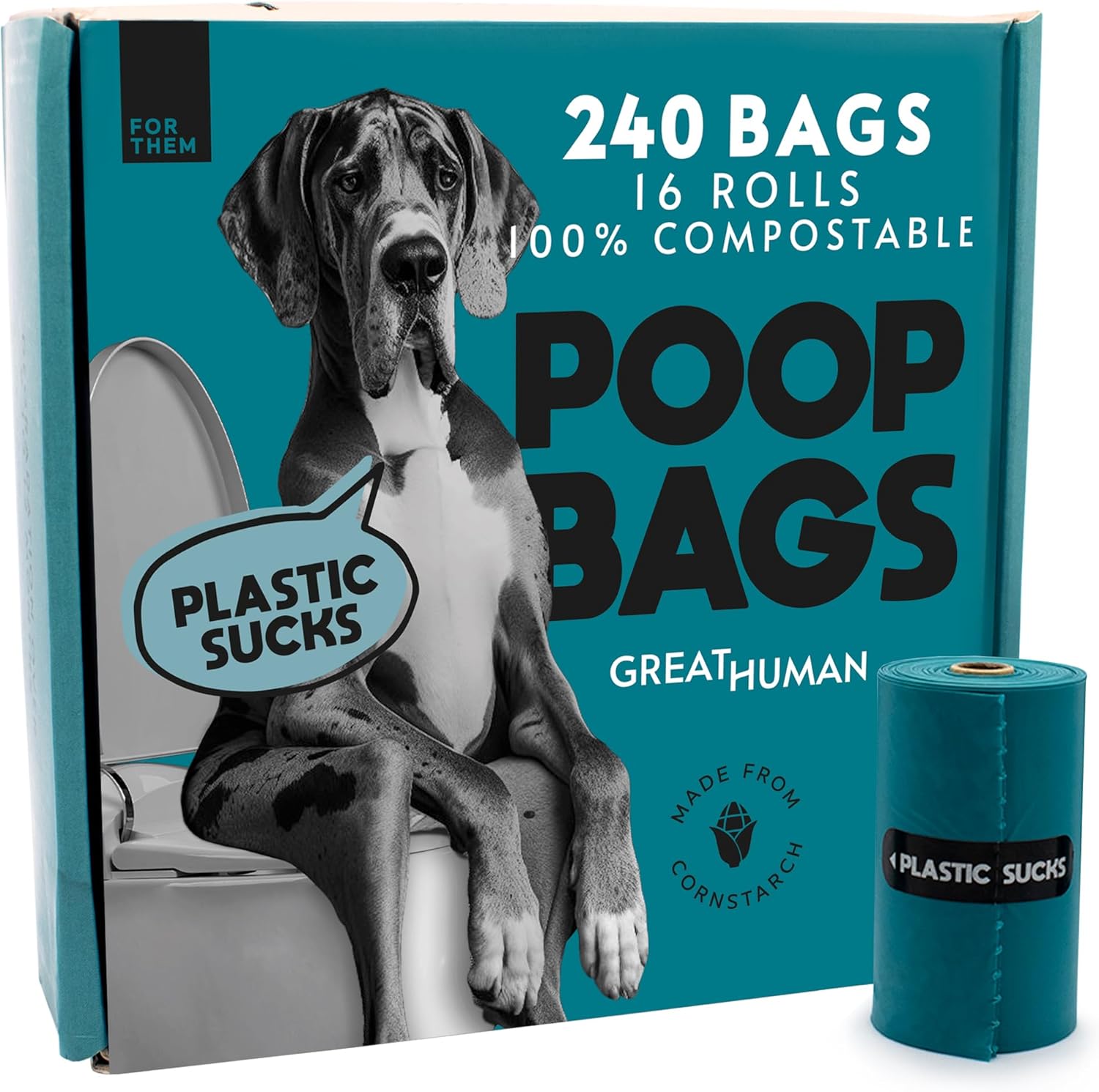 GREAT HUMAN Certified Home Compostable Dog Poop Bags (240 Count/16 rolls) Plant Based Material, Plastic Free Biodegradable Poop Bags, Extra Thick, Leakproof, Unscented, ASTM D6400 & EN 13432 Compliant