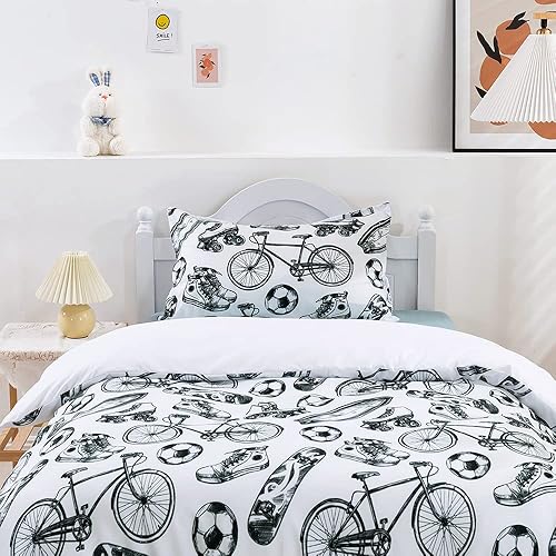 Miniatura 8 de Funda de edredón de fútbol deportivo, ropa de cama matrimonial para bicicletas y bicicletas (1 funda de edredón y 2 fundas de almohada) para niños y