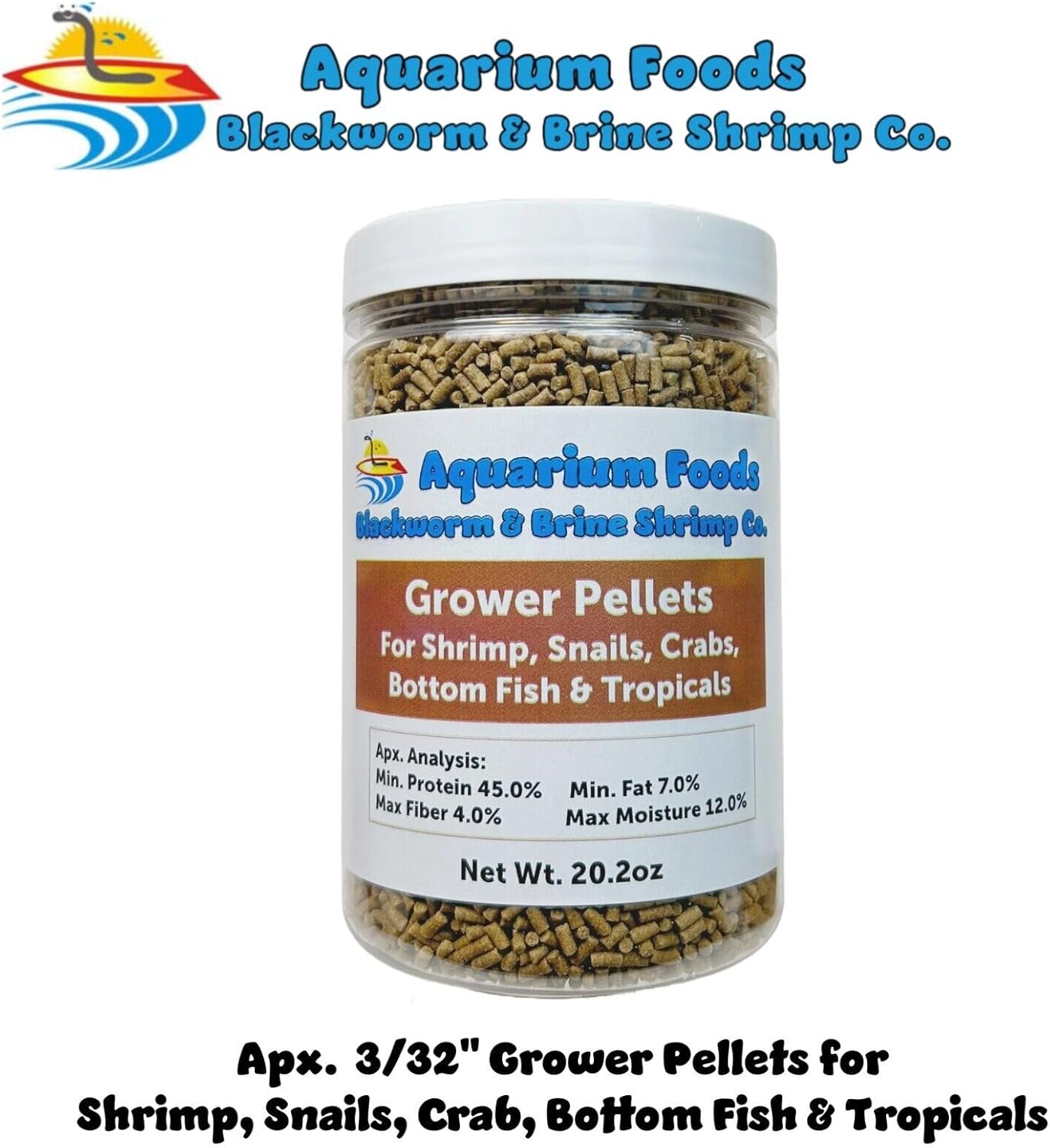 Aquatic Foods Inc. Shrimp Grower Pellets, 45% Protein Sinking 3/32" x 1/4" for Shrimp, Snails, Crabs, Axolotls, Newts, Catfish, Plecos, All Bottom Tropical Fish…20.2oz Large Round Jar
