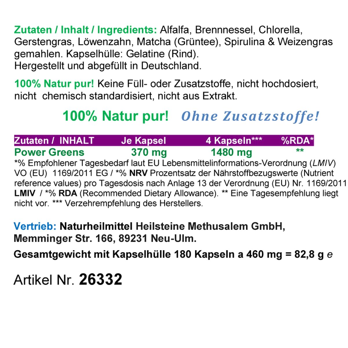 Green Power Greens Top8 Chlorophyll Supergreens 180 Pulver Kapseln mit Alfalfa Brennnessel Chlorella Gerstengras Löwenzahn Matcha Spirulina Weizengras. Natur pur. Ohne Zusatzstoffe. 26332-180