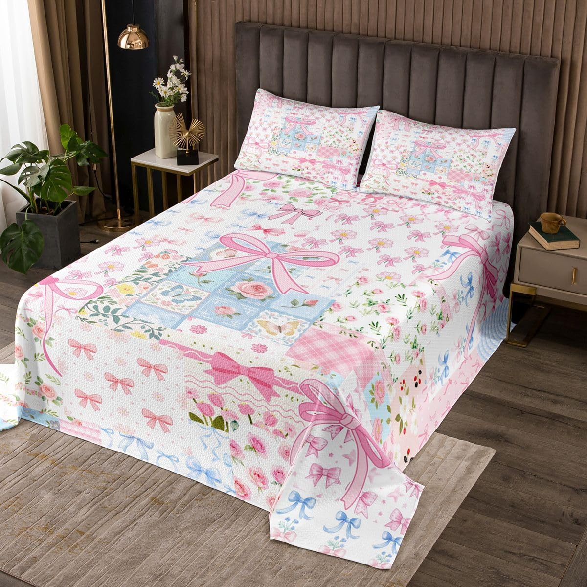 Coquette Pink Bow Quilt Sets King Size,Patchwork Bowknot Pattern Bedspread Coverlet 3Pcs for Teens Adults Room Decor,Girly Princess Style Bedding Quilts Sweet Pink Plaid Coverlet Sets,2 Pillowcases
