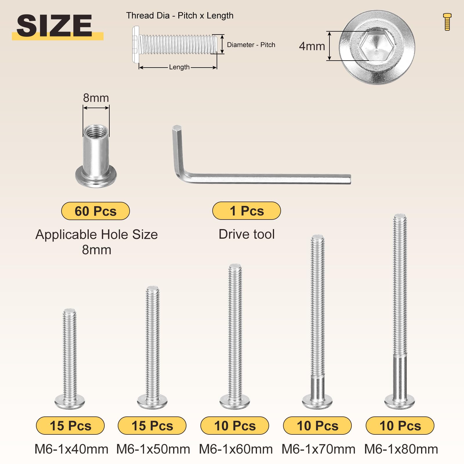 METALLIXITY Furniture Connector Bolt Cap Nut Kit with Wrench(M6-1x40/50/60/70/80mm) 120Pcs - Image 2
