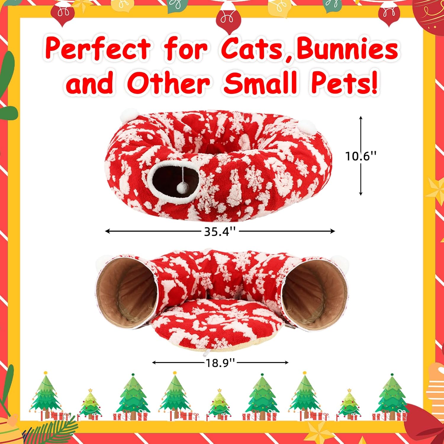 Cat Tunnel Bed Under Christmas Tree, Soft Plush Xmas Tree Cat Tunnel Bed for Indoor Cats with Washable Cushion, 3FT x 3FT x 10.6IN Folding Kitten Tunnels for Rabbit Small Animals (Red Xmas Trees)