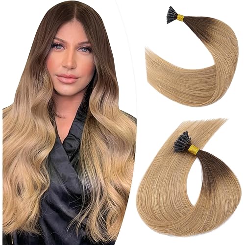 Hairro Pre Bonded Fusion Hair Extensions I Tip Hair Beads Itip Human Hair Extension Keratin Stick Tipped Glue Hairpiede I Tip Hair For Women 18" 100 Strands 50g #4T27 Medium Brown Ombre Dark Blonde