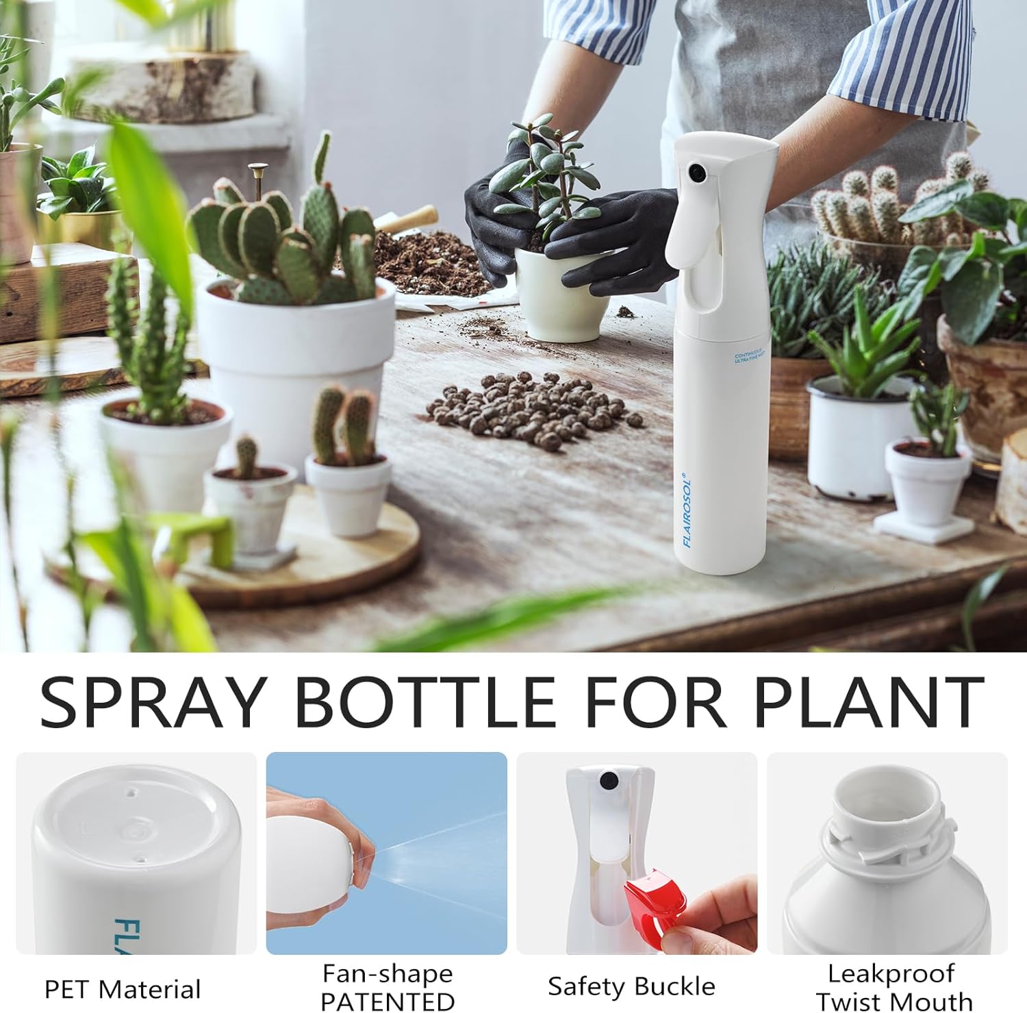 Diagram showing PET material, fan-shape spray, safety buckle, and leakproof twist mouth features of the FLAIROSOL spray bottle