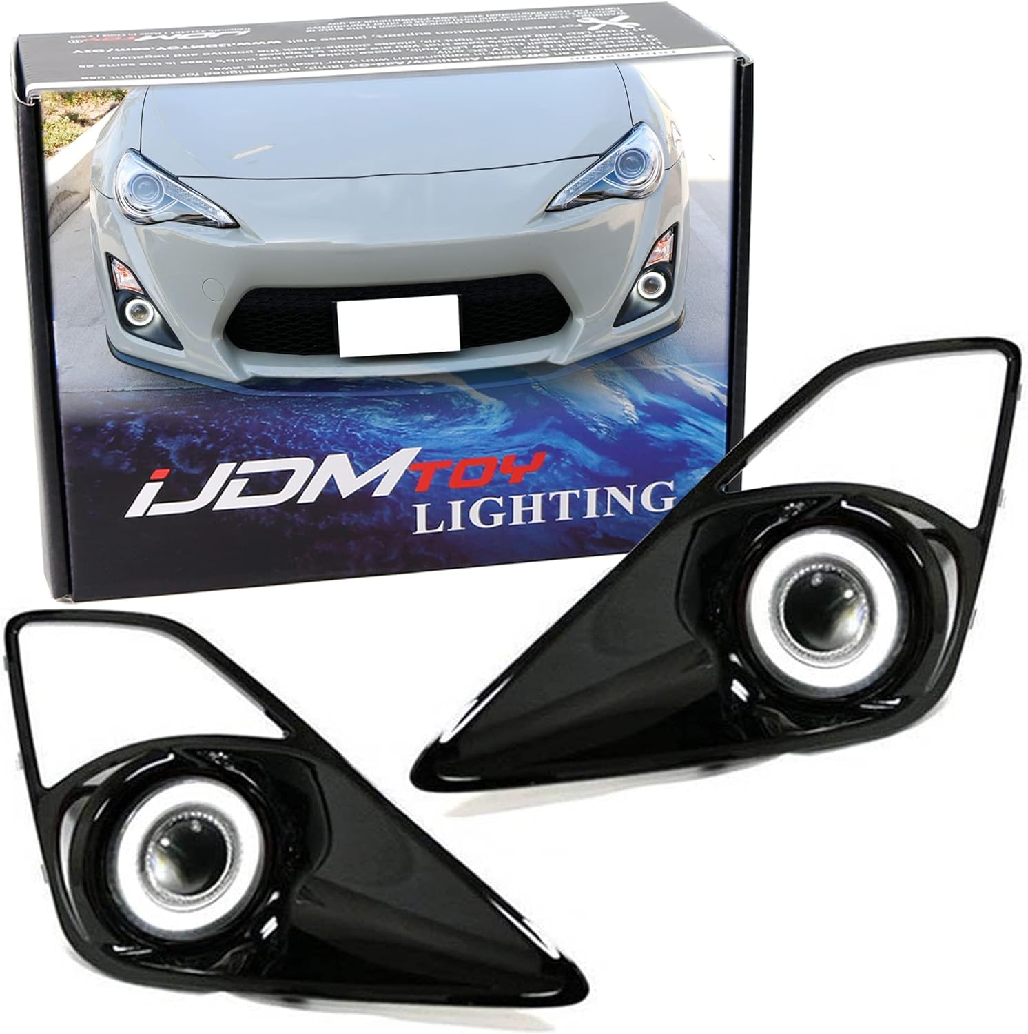 iJDMTOY Xenon White LED Projector Fog Lights Compatible With 13-16 Scion FR-S w/ 40-SMD LED Halo Ring Parking Lights, Includes (2) Projector Lens Foglamps w/Brackets, (2) Bezels & Relay Harness