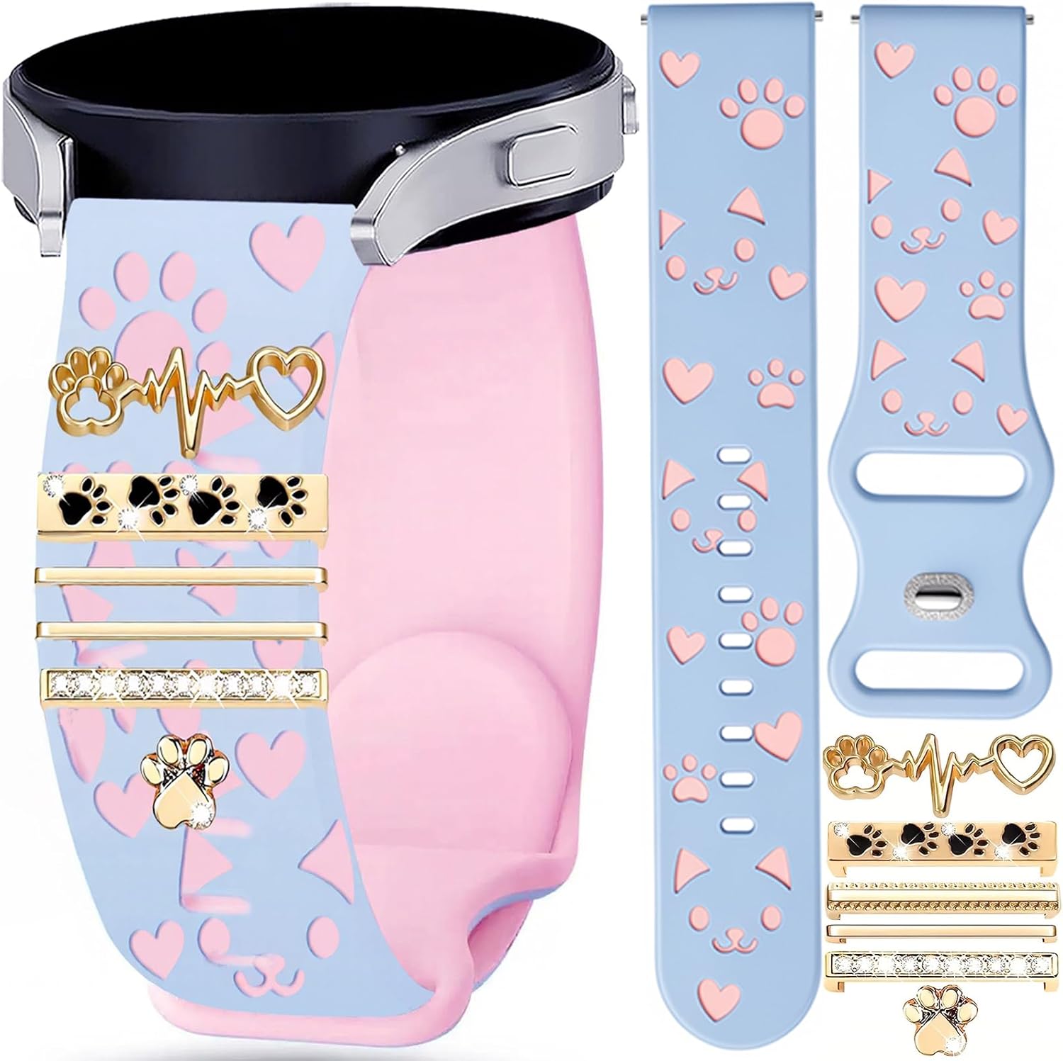 20mm Watch Band Compatible with Cosjoype S16/Bark/Gizmo Watch/Gizmo 3 Watch/Gabb Watch/SyncUP/Cosmo JrTrack 5 Kids Watch 2, Cat Paw Engraved Silicone Replacement Strap with Sparkle Metal Decorative Ring Accessories for Kids Girls