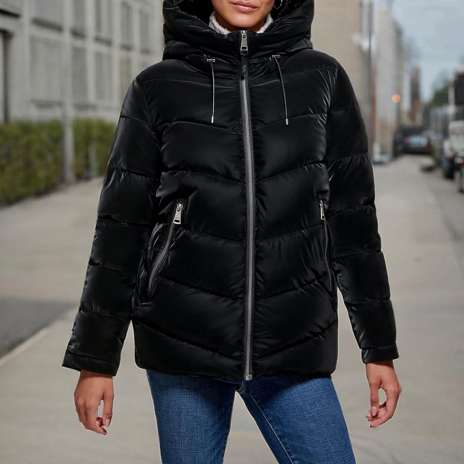 DKNY womens Faux Fur Trim Hood Down Puffer Coat - Image 3