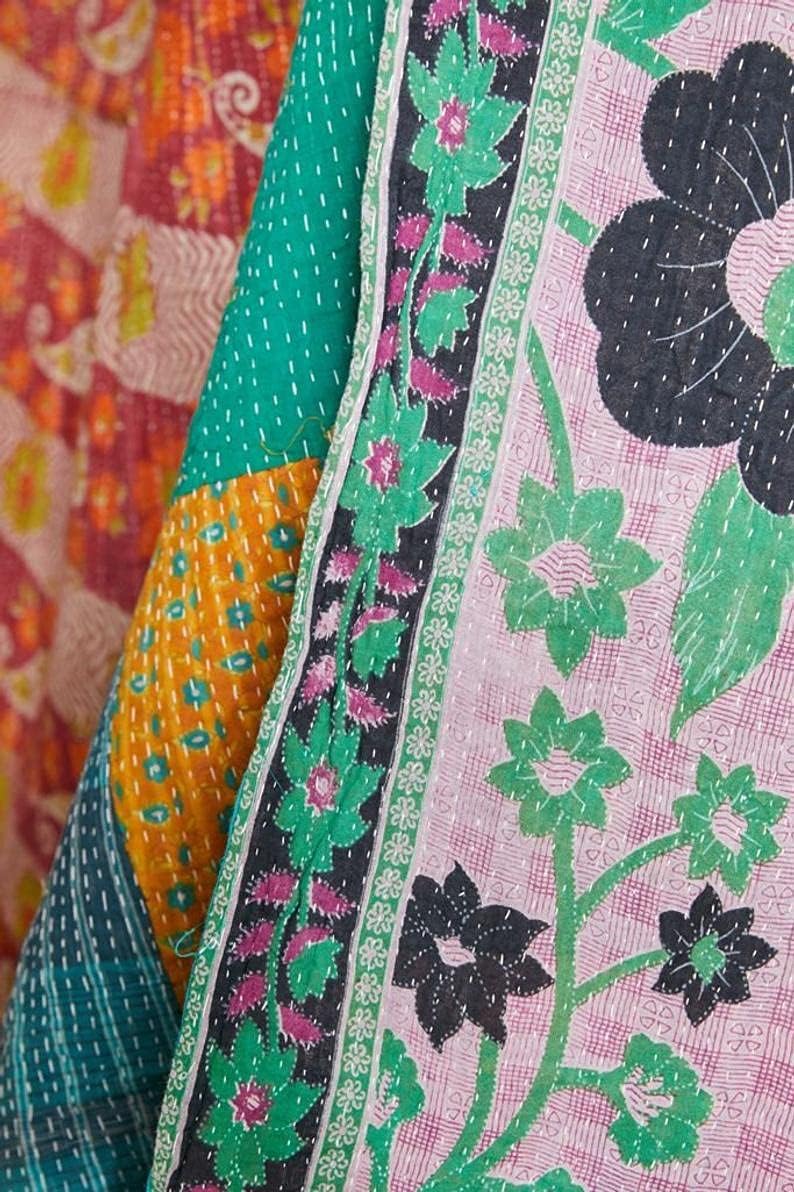 Royal Craft Indian Vintage Kantha Quilt Handmade Throw Reversible Cotton Blankets 1 Quilt Assorted Colors RCKQT0096 RCKQT0096 55X85 Inches