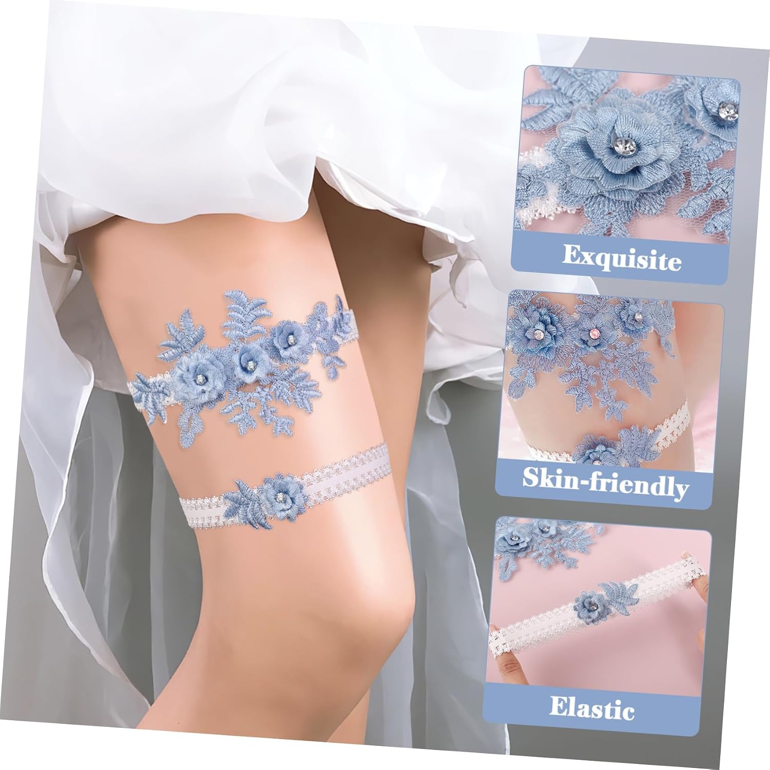 PRETYZOOM Lace Bridal Garter Set for Wedding Day – Dusty Blue & White Floral Elastic Leg Garter with Bowknot for Bride, Bachelorette Party, Bridal Shower, Prom & Special Occasions