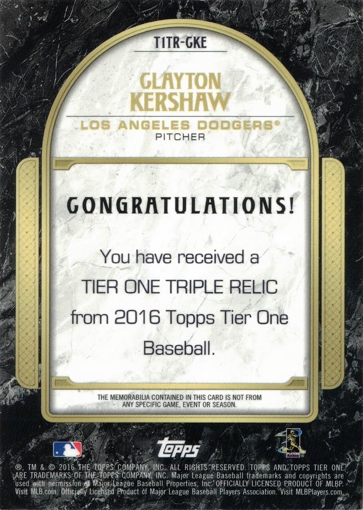 2016 Topps Tier One Triple Relics #T1TR-CKE Clayton Kershaw Game Worn Jersey Baseball Card - Only 25 made!