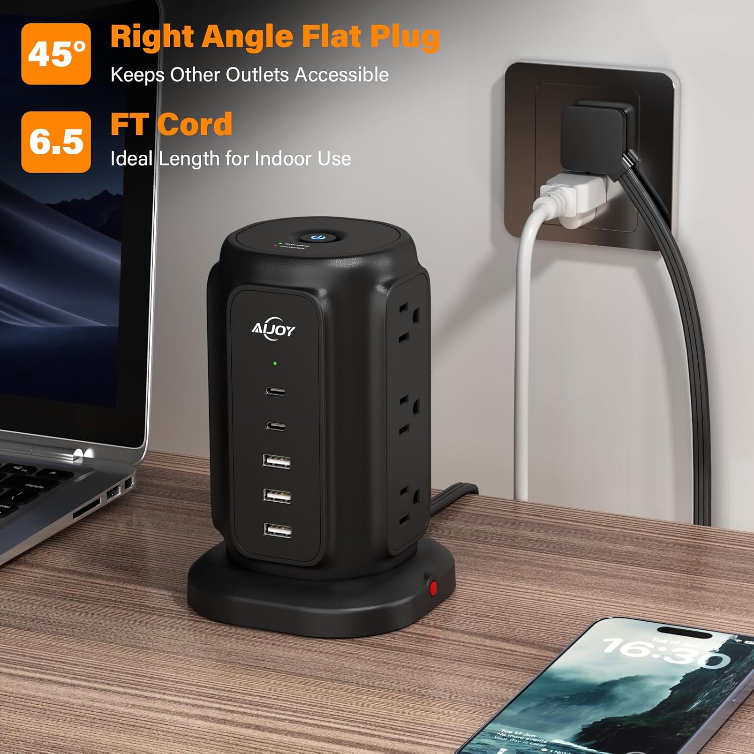 AiJoy Tower Surge Protector Power Strip, 14-Device Charging Station with 9 AC Outlets & 5 USB (2 USB-C), 1200J Surge Protection, 6.5FT Flat Plug Extension Cord, Wide-Spaced Outlets, Individual Switch