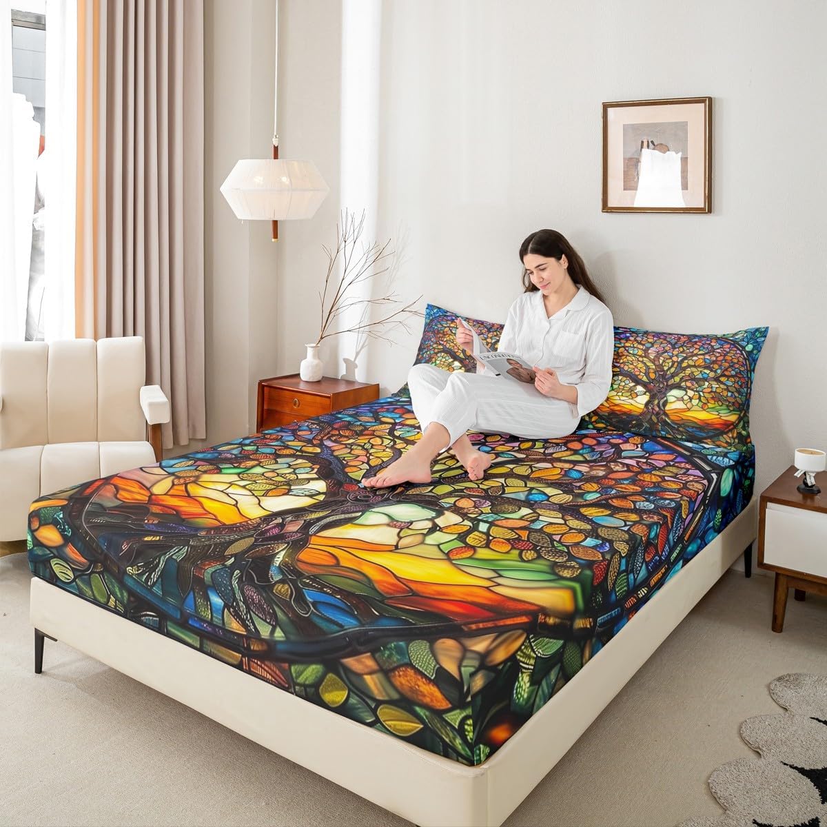 Castle Fairy Tree of Life Bedding Set for Kids Modern Artwork Fitted Sheet Abstract Nature Landscape Bed Cover Room Decor Yellow Blue Sheet Set with 2 Pillowcase,No Top Flat Sheet,Queen image 2