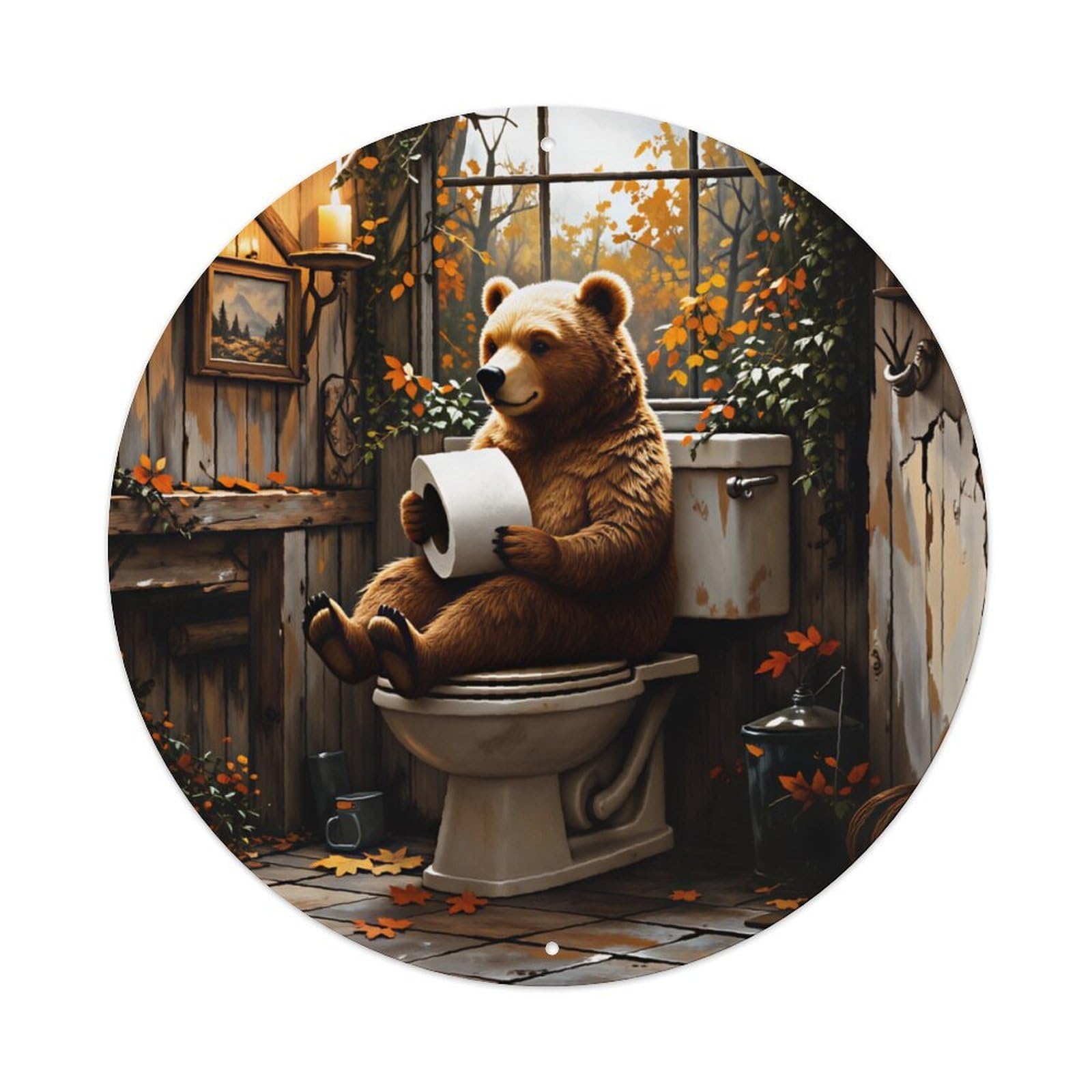 Funny Brown Bear On Toilet Cabin Decor Sign Vintage Aluminium Metal Sign, Retro Wall Decor for Home, Bar, Garage & Farmhouse 20x20cm