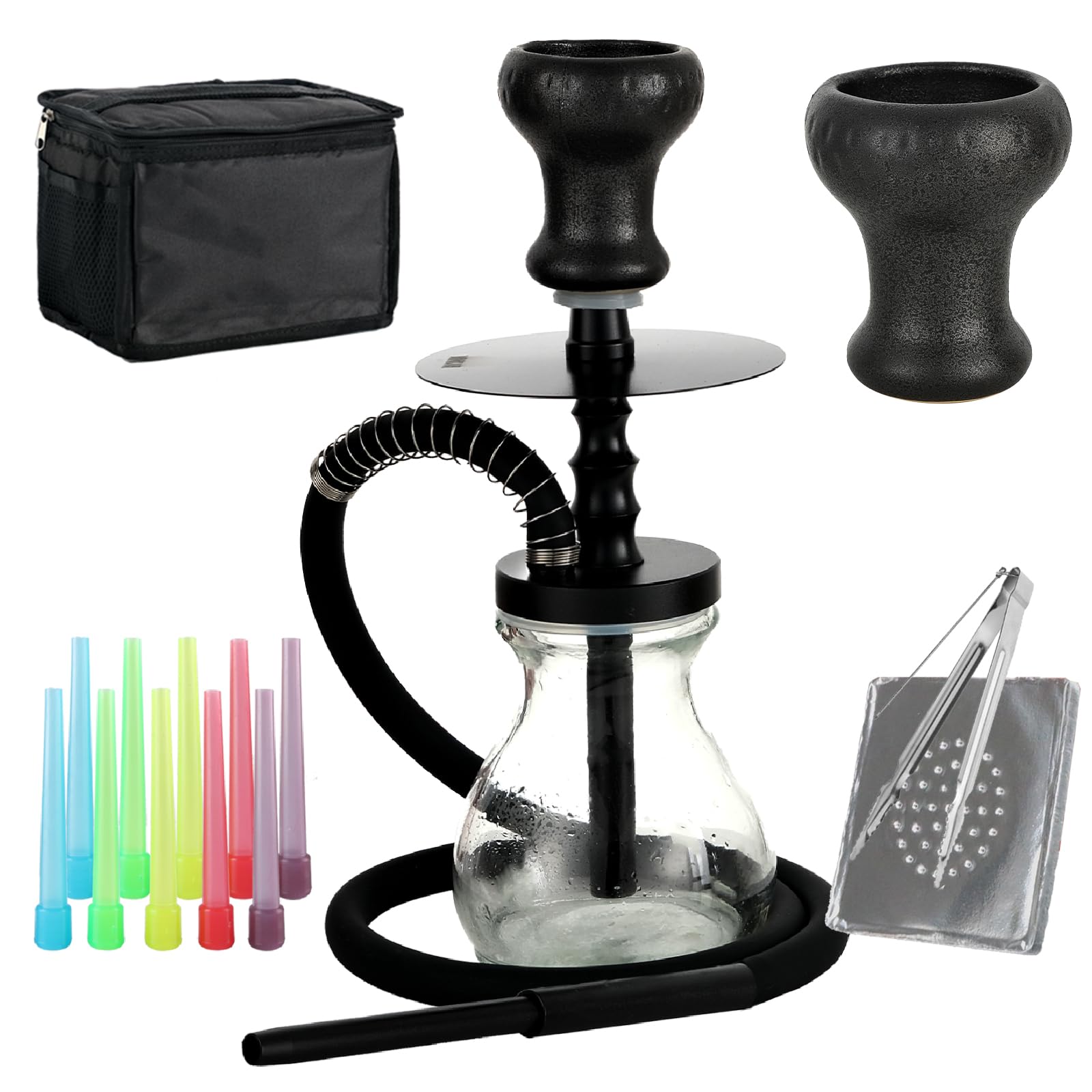 Hookah Set with Everything Silicone Hose Bowl Tongs Mouth Tips Accessories,Portable Mini Shisha Hookahs Complete Set Aluminum Hookah Chameleon Glass Vase Hooka Narguile Smoking(BLACK)