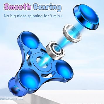 Aolcev Fidget Spinner Metal Fidget Toy Hand Spinner Stainless Steel 3-5 Minutes Fast Bearing Spins Hand Spinners Tri Finger Gyro Toy ADHD EDC Focus Anxiety Stress Relief Toys for Kids Adult Gifts-Blue