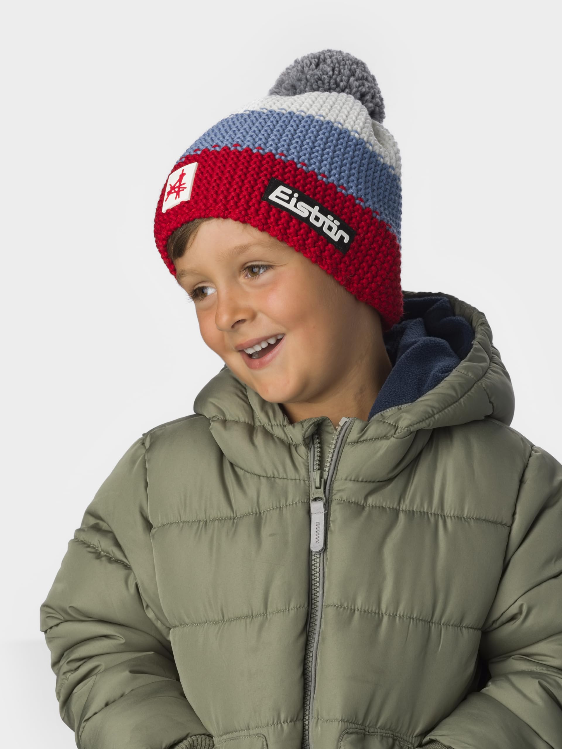 Eisbär Bonnet Star Pompon Ski Austria Kids - Bonnet d'hiver chaud pour garçon et fille - 55 cm (7-8 ans) - Respirant avec bande intérieure en polaire - Bonnet à pompon pour enfant fabriqué en Autriche