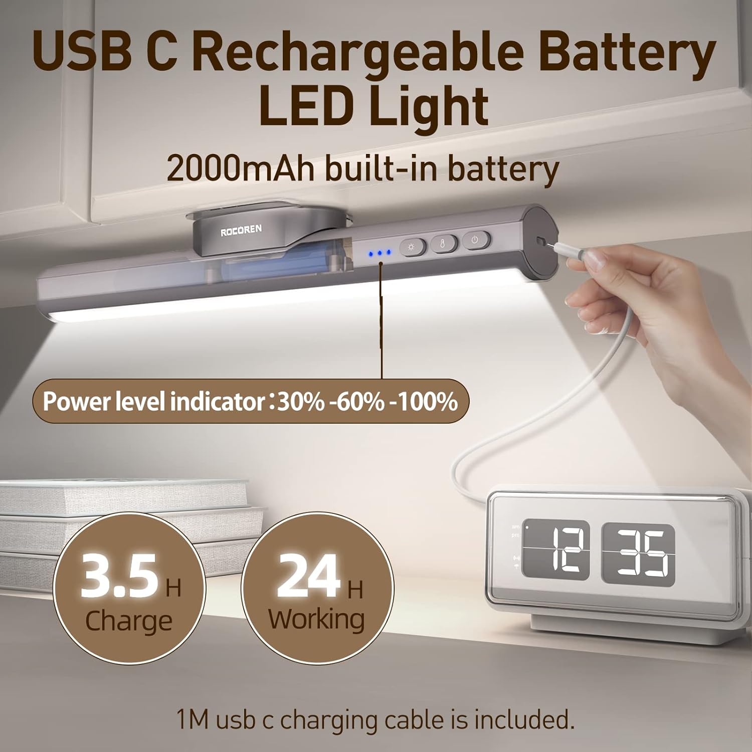 Rocoren Cordless Under Cabinet Lighting, Magnetic Closet Light, 5W Desk Lamp, Dimmable, Button Control, Adjustable Color Temperature/Brightness, Rechargeable USB-C Powered Cabinet Lights (Gray)