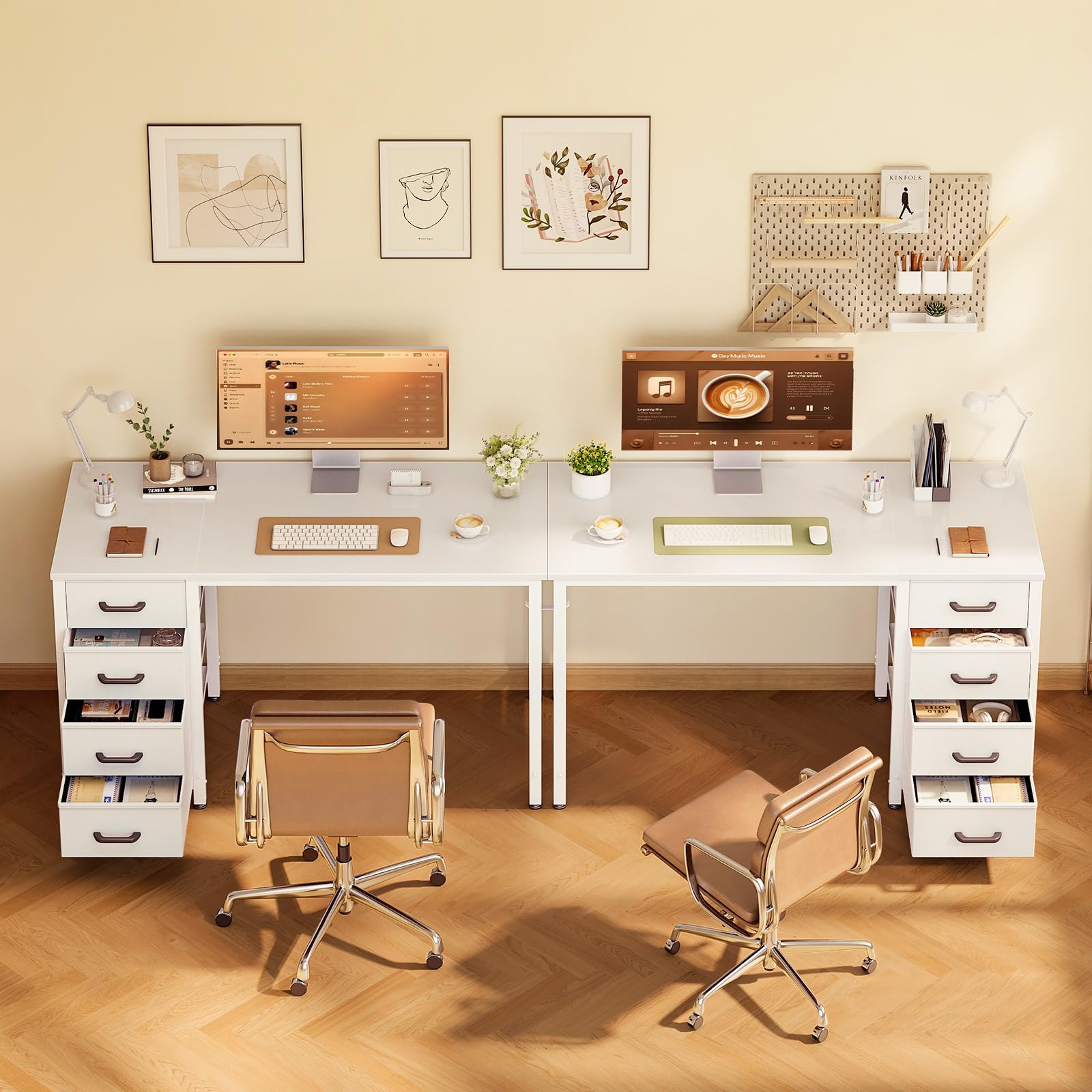 ODK Petit Bureau avec 4 Tiroir en Tissu, 100x48cm Bureau avec Rangement Table d'ordinateur avec Crochet pour Casque, Table Informatique pour Domicile, Blanc